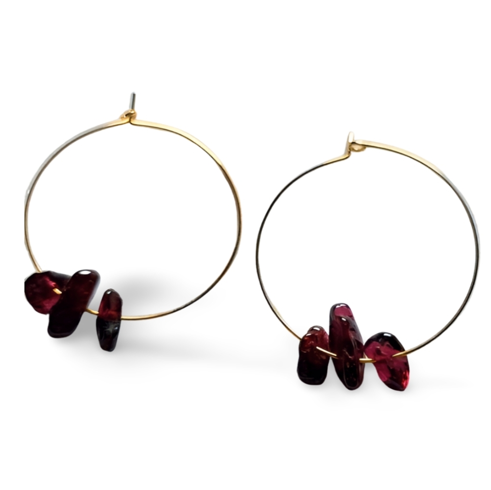 Imagine Collection hand crafted 14K gold fill hoops w dark crimson gemstones